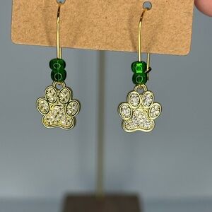 Gold Blingy Green Paw Print Earrings